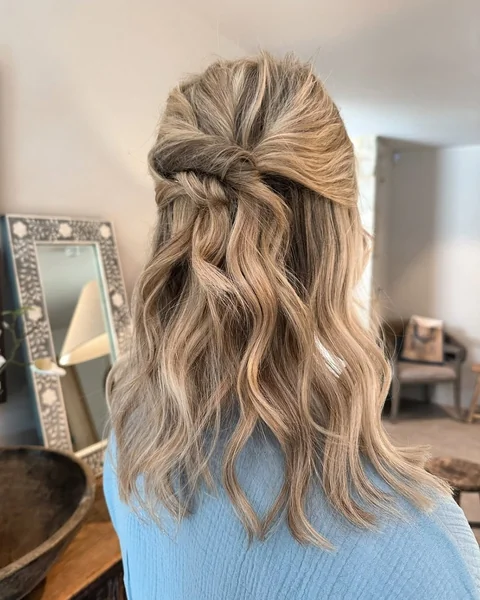 Elegant Blonde Medium Lob with Twisted Half-Up Style