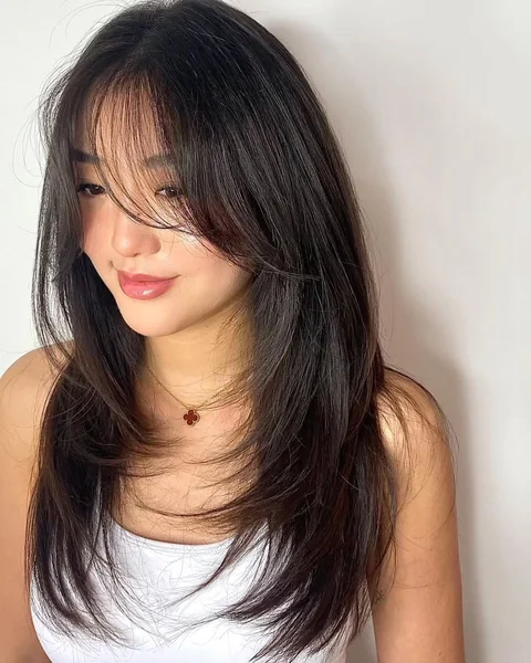 Face-Framing Butterfly Layers with Wispy See-Through Bangs