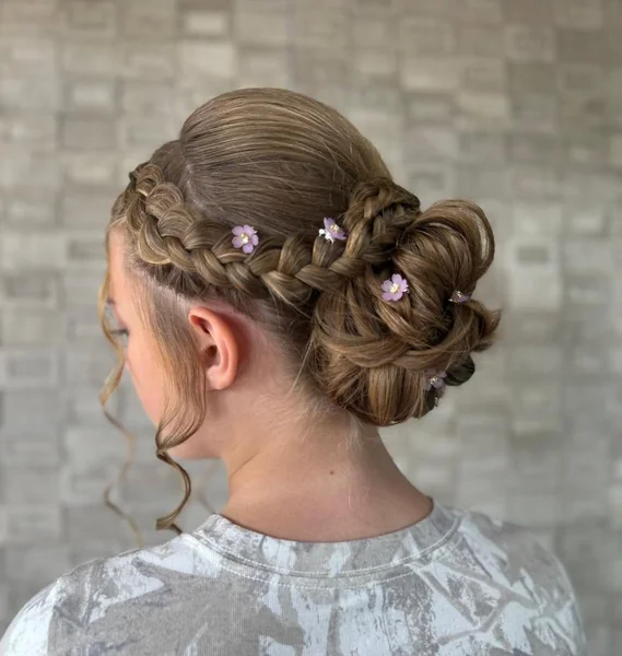 Fairy Tale Updo with Crown Braids and Violet Flowers