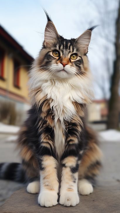 This may contain: a fluffy cat sitting on top of a sidewalk
