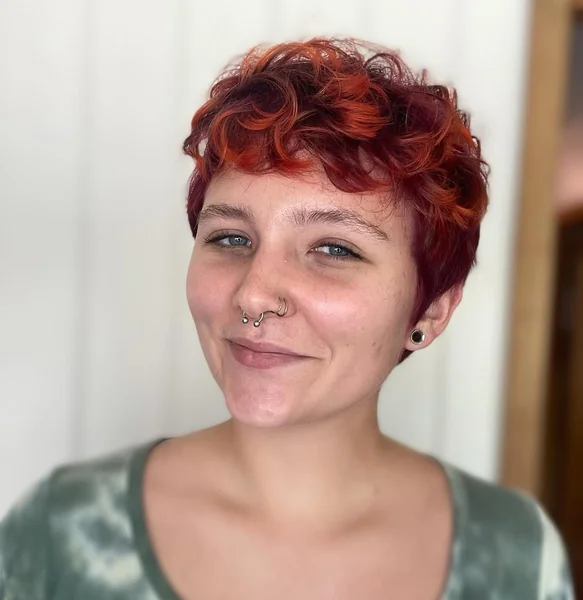 Fiery Copper Curly Pixie with Soft Micro-Bangs