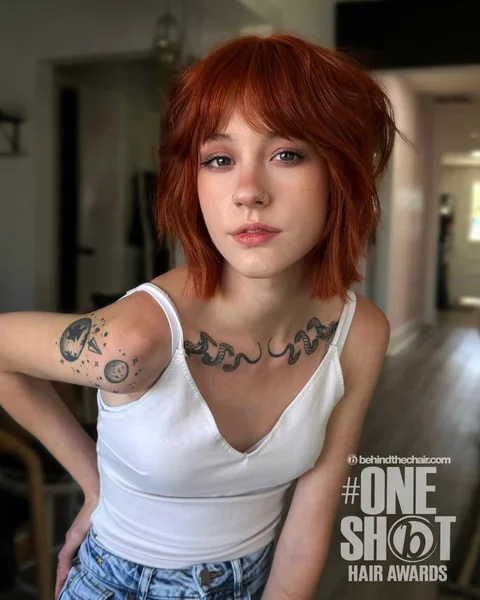 Fiery Copper Shaggy Bob with Wispy Fringe