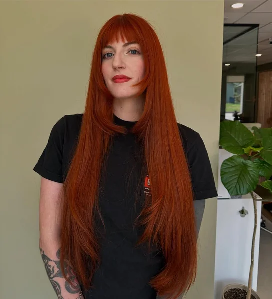 Fiery Crimson Straight Mane with Blunt Fringe and Graduated Framing