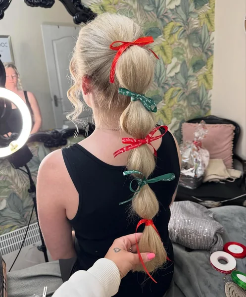Fun Bubble Braid with Alternating Red and Green Ribbons