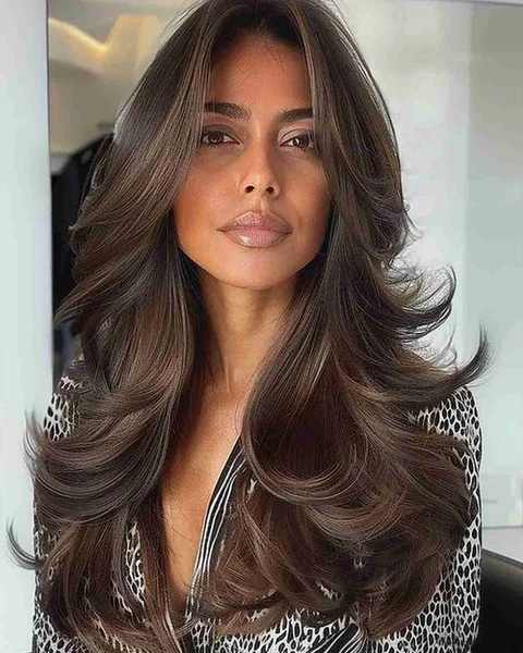 Glossy Brunette Butterfly Cut with 90s Face-Framing Layers