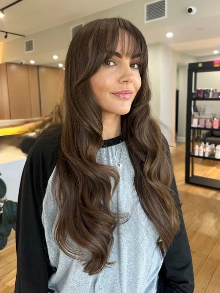 Glossy Long Brunette Layers with Full Feathered Fringe