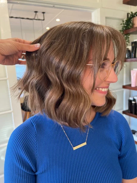 Glossy Caramel Brown Bob with Soft Fringe