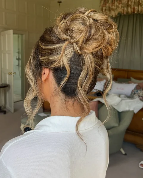 Golden Honey Braided High Bun with Cascading Curls