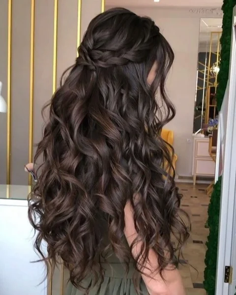 Half-Up Espresso Curls with Delicate Braided Crown