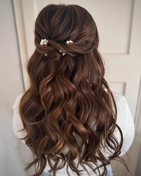 Half-Up Romantic Waves with Delicate Pearl Accents