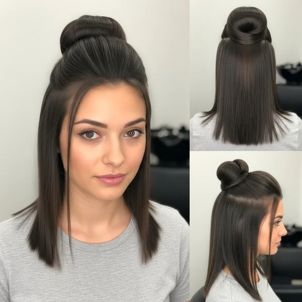 Half Up Half Down Bun Straight Hair