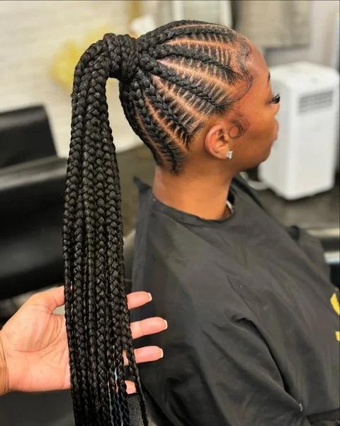 High Cornrow Braided Ponytail with Dramatic Length
