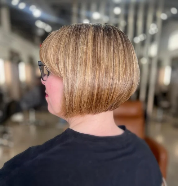 Honey-Blonde Sun-Kissed Stacked Bob with Side Bangs