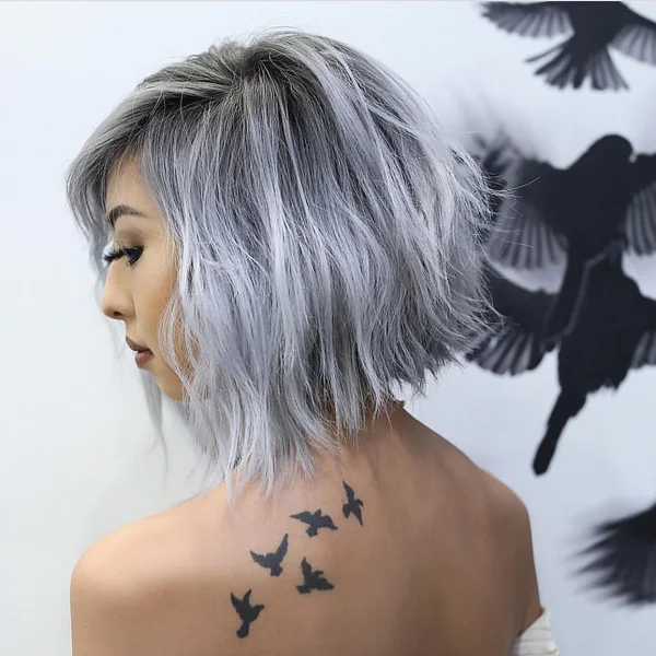 Icy Silver Choppy Bob with Root Shadow