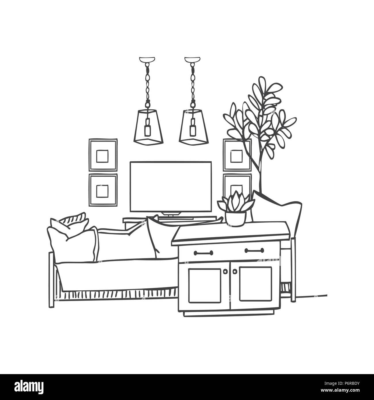 Interior design illustration sketch. Modern white living room ...