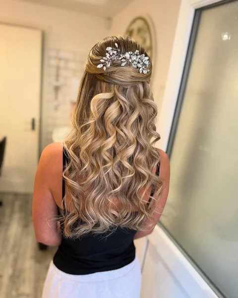 Jeweled Half-Up Hairstyle with Spiral Curls