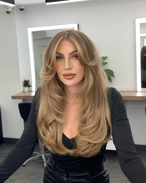 Long Honey Blonde Butterfly Cut with Maximum Volume