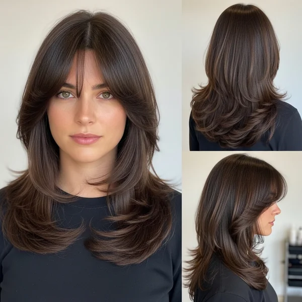 long layered haircuts with curtain bangs brunette