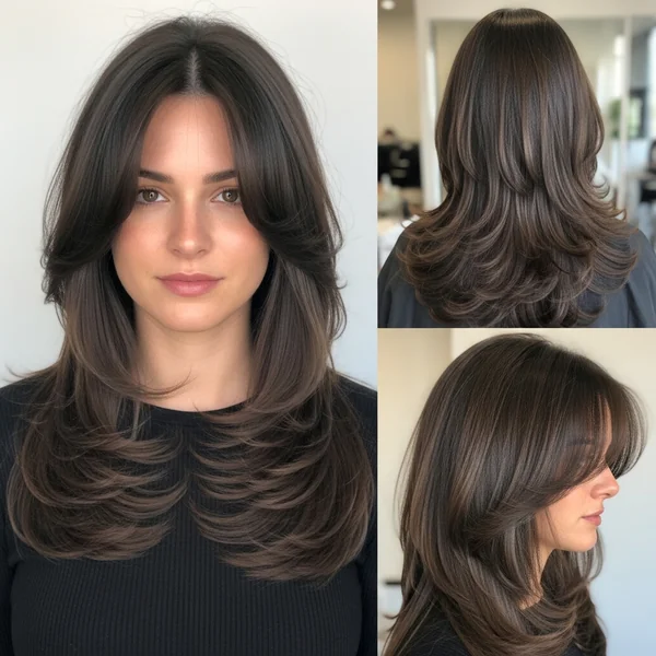 Long Layered Haircuts With Curtain Bangs For Brunette Hair