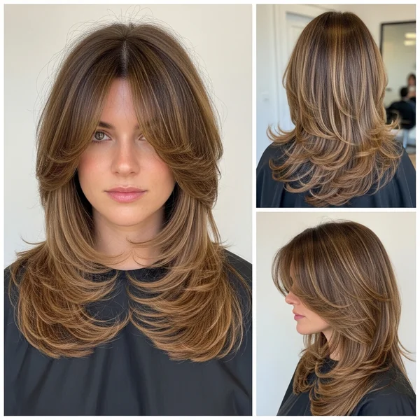 long layered haircuts with face-framing bangs
