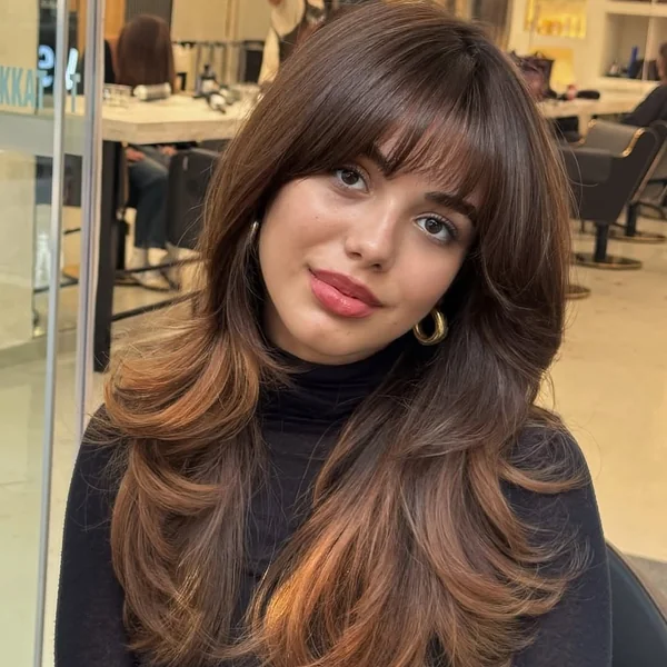 Luxe Caramel Layers with Bold Face-Framing Bangs