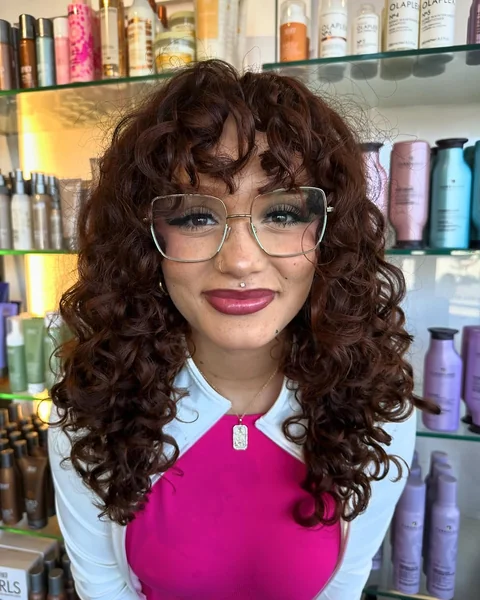 Mahogany Curly Shag with Voluminous Ringlet Bangs