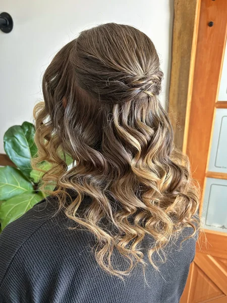Medium Brown Wavy Hair with Blonde Balayage Half-Up