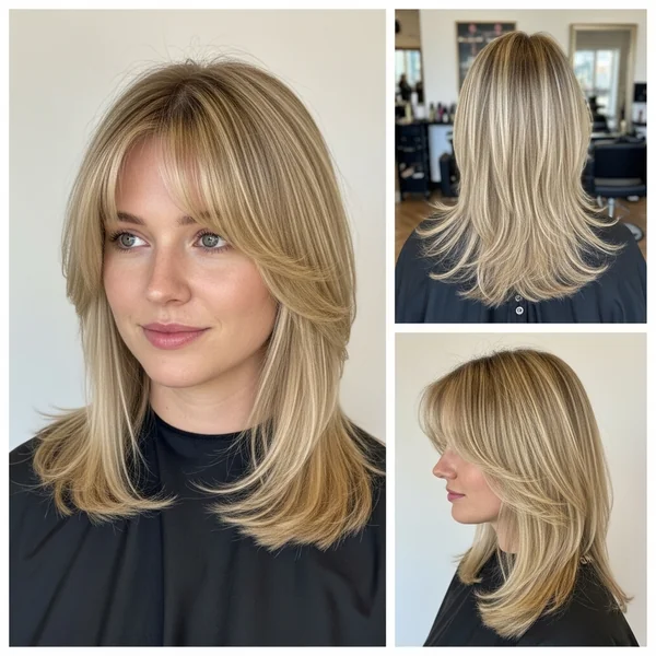 Medium Length Haircut With Bangs Blonde