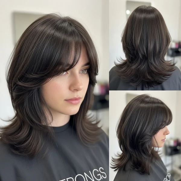 Medium Length Haircut With Layers And Curtain Bangs Thick Hair