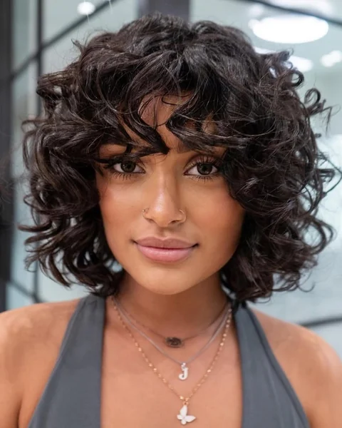 Messy Chocolate Curly Shag with Wispy Bang
