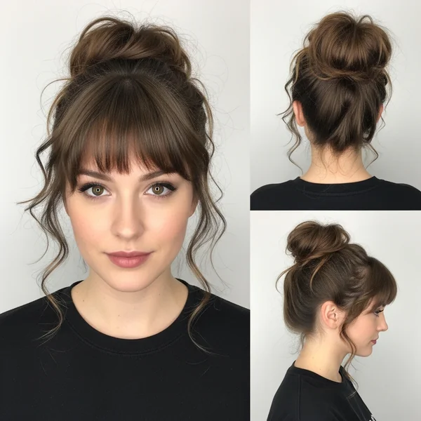Messy Curly Bun with Bangs