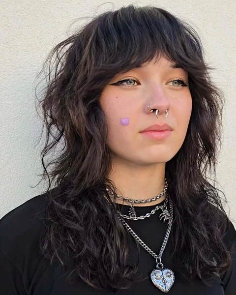 Messy Dark Shag with Textured Blunt Fringe