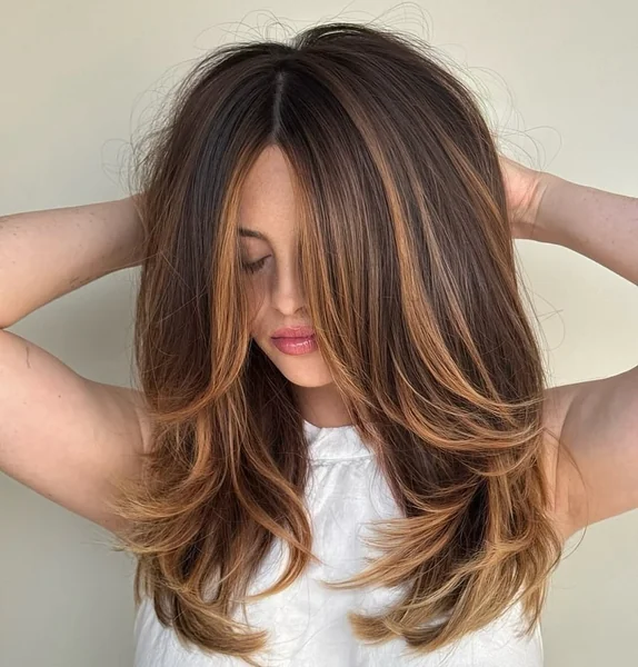 Rich Brunette Butterfly Cut with Caramel Money Piece