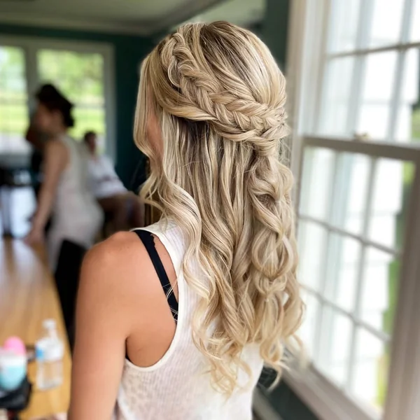 Romantic Waterfall Braid with Flowing Blonde Curls