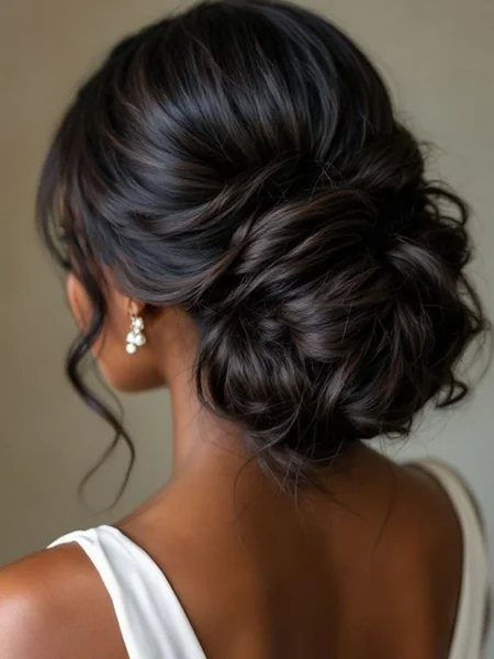 Romantic Messy Low Bun with Wispy Side Bangs
