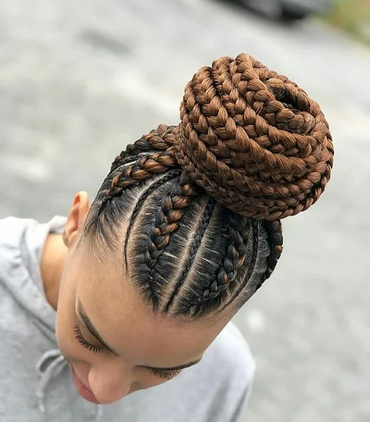Sculpted Copper Braided High Bun with Intricate Feed-In Design