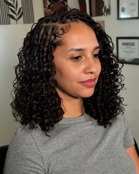 Shoulder-Length Curly Boho Cornrows with Laid Edges