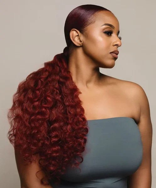 Sleek Crimson Low Ponytail with Voluminous Curls