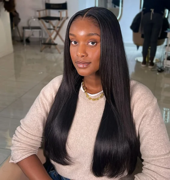 Sleek Ink-Black Tresses with a Flawless Center Part