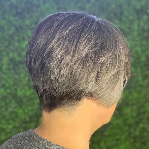 Sleek Silver Stacked Bob with Precision Tapered Nape