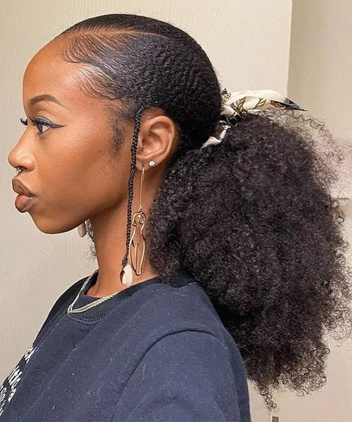 Slicked-Back Voluminous Afro Puff with Scarf Detail