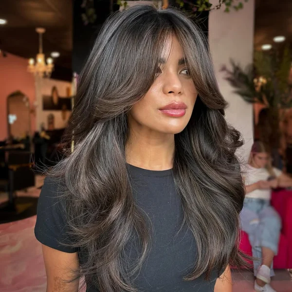 Smoky Espresso Voluminous Waves with Sculpted Curtain Bangs
