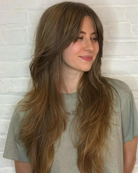 Soft Honey-Ash Shag with Layered Curtain Bangs