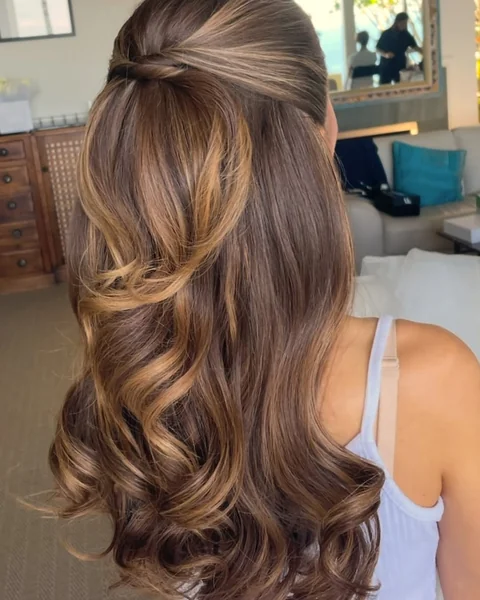 Sophisticated Walnut Half-Up Twist with Dimensional Curls