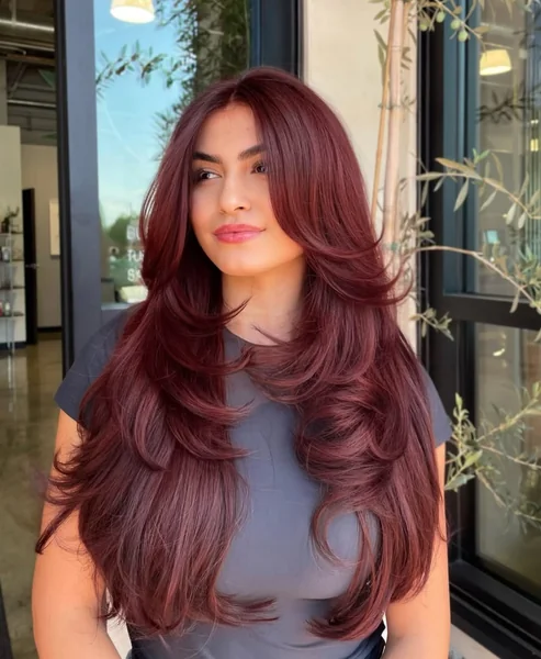 Sultry Caramel Shag with Feathered Bardot Bangs