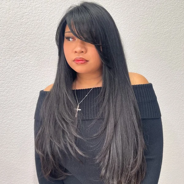 long layered haircuts with side bangs