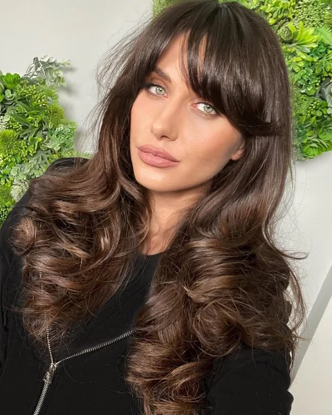 Sultry Espresso Waves with Thick Side-Swept Bangs