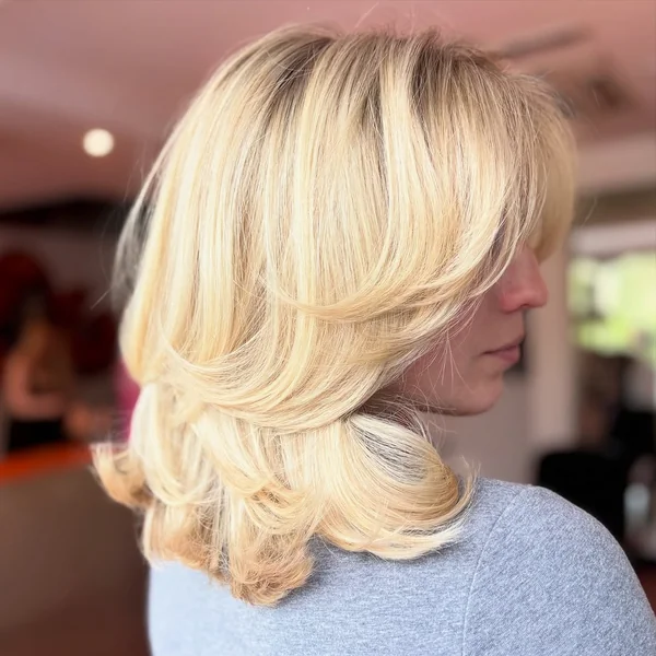 Sunny Blonde Mid-Length Butterfly Cut with Volume