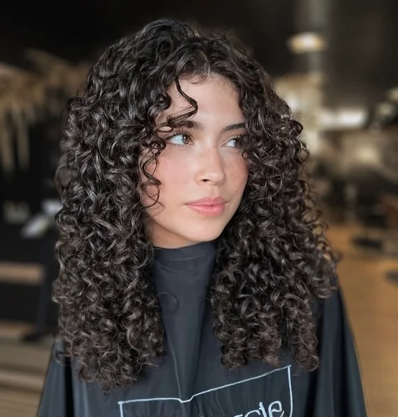 Tapered Brunette Ringlets with Soft Curly Bangs