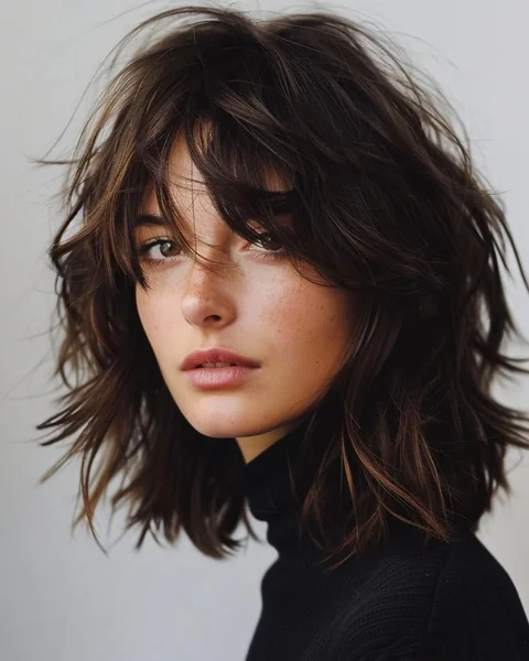 Textured Brunette Wolf Cut with Choppy Bangs